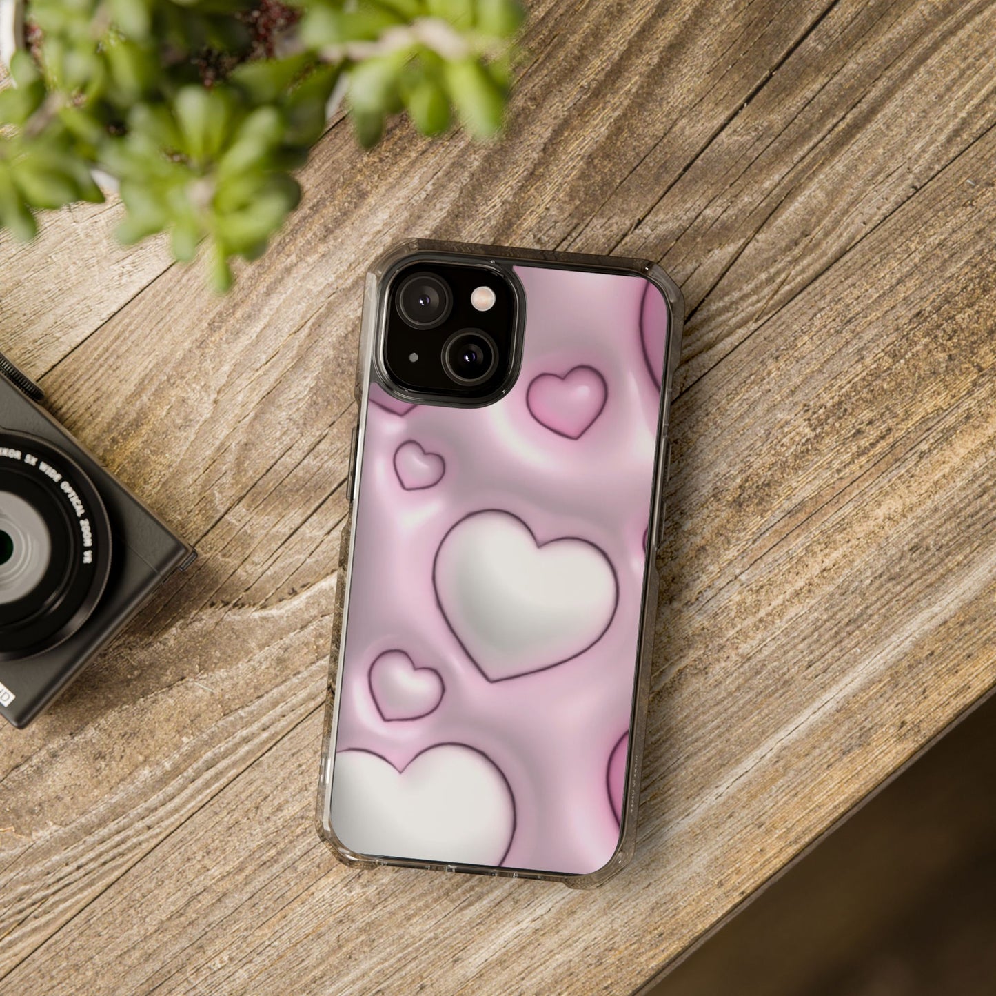 Phone Case - Pink 3D Hearts Pattern Magnetic Clear Impact Cases