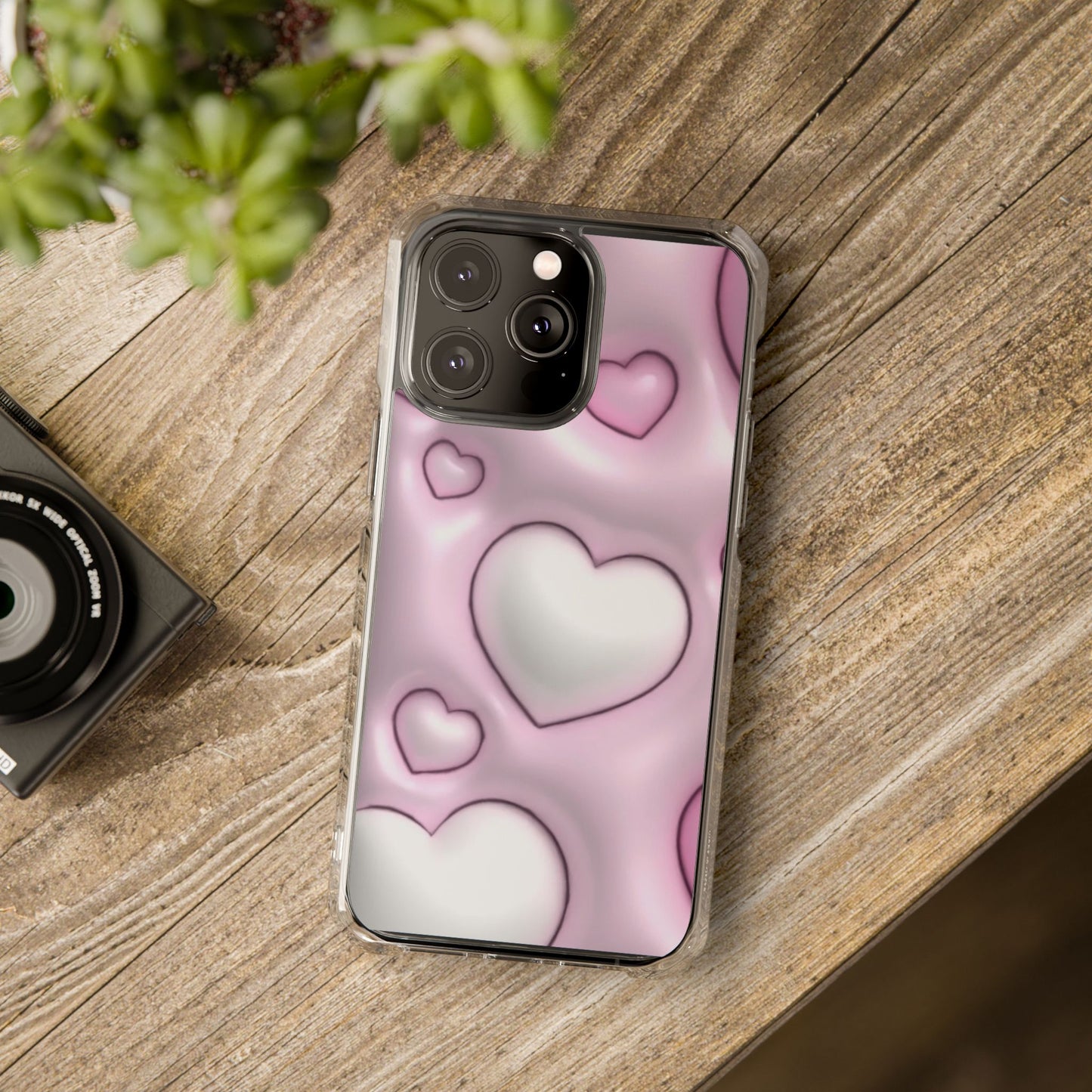 Phone Case - Pink 3D Hearts Pattern Magnetic Clear Impact Cases