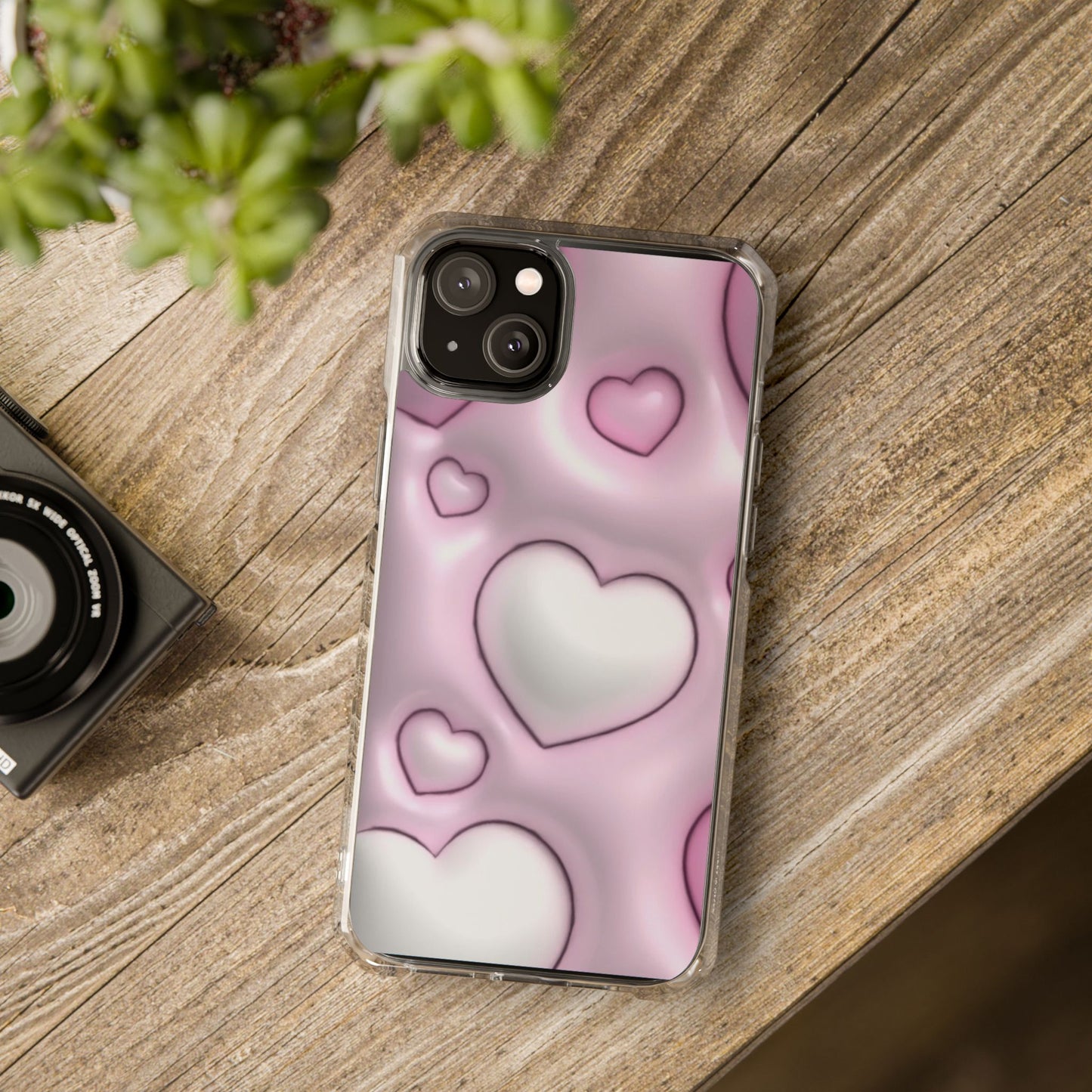 Phone Case - Pink 3D Hearts Pattern Magnetic Clear Impact Cases