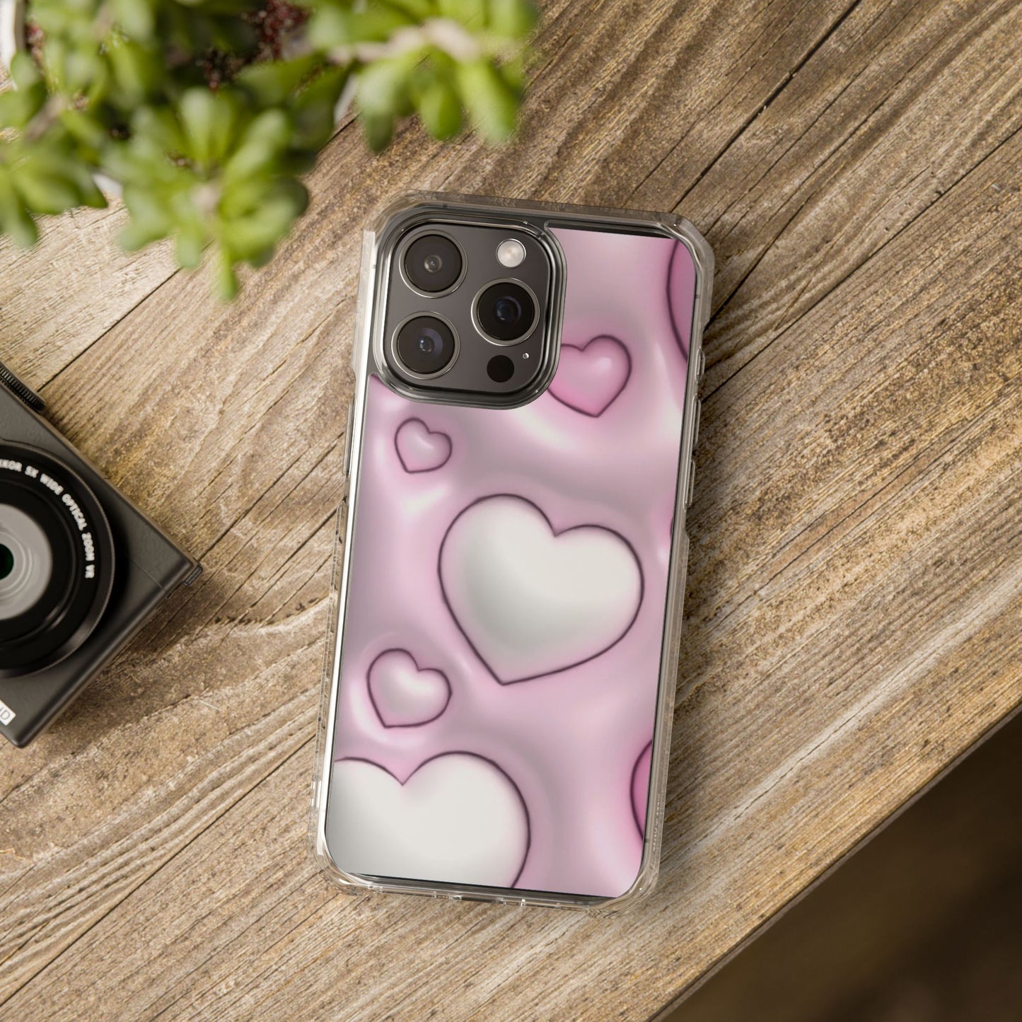 Phone Case - Pink 3D Hearts Pattern Magnetic Clear Impact Cases