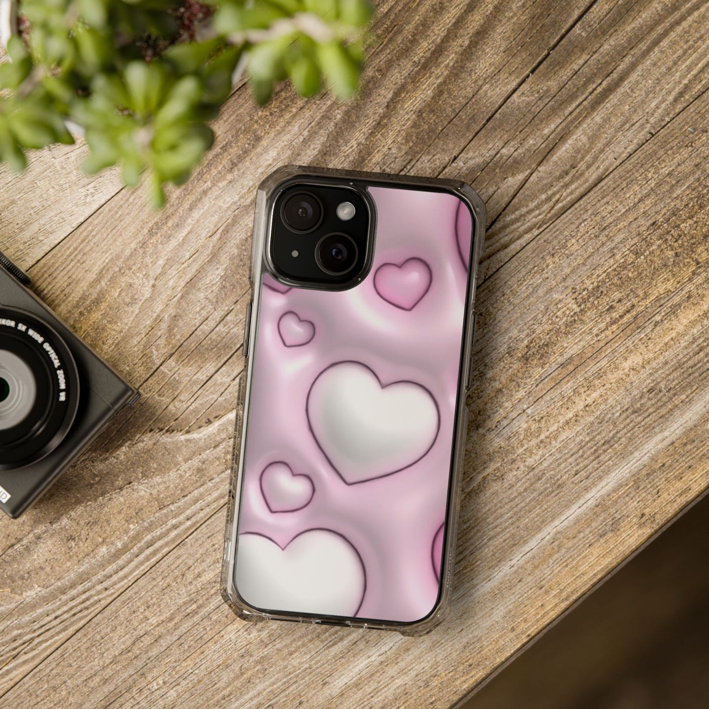 Phone Case - Pink 3D Hearts Pattern Magnetic Clear Impact Cases